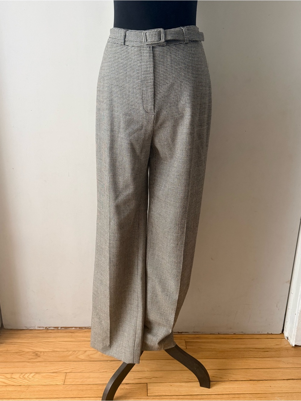 LOUBEN High-Waist Wide-Leg wool Dress Pants in hounds tooth print.